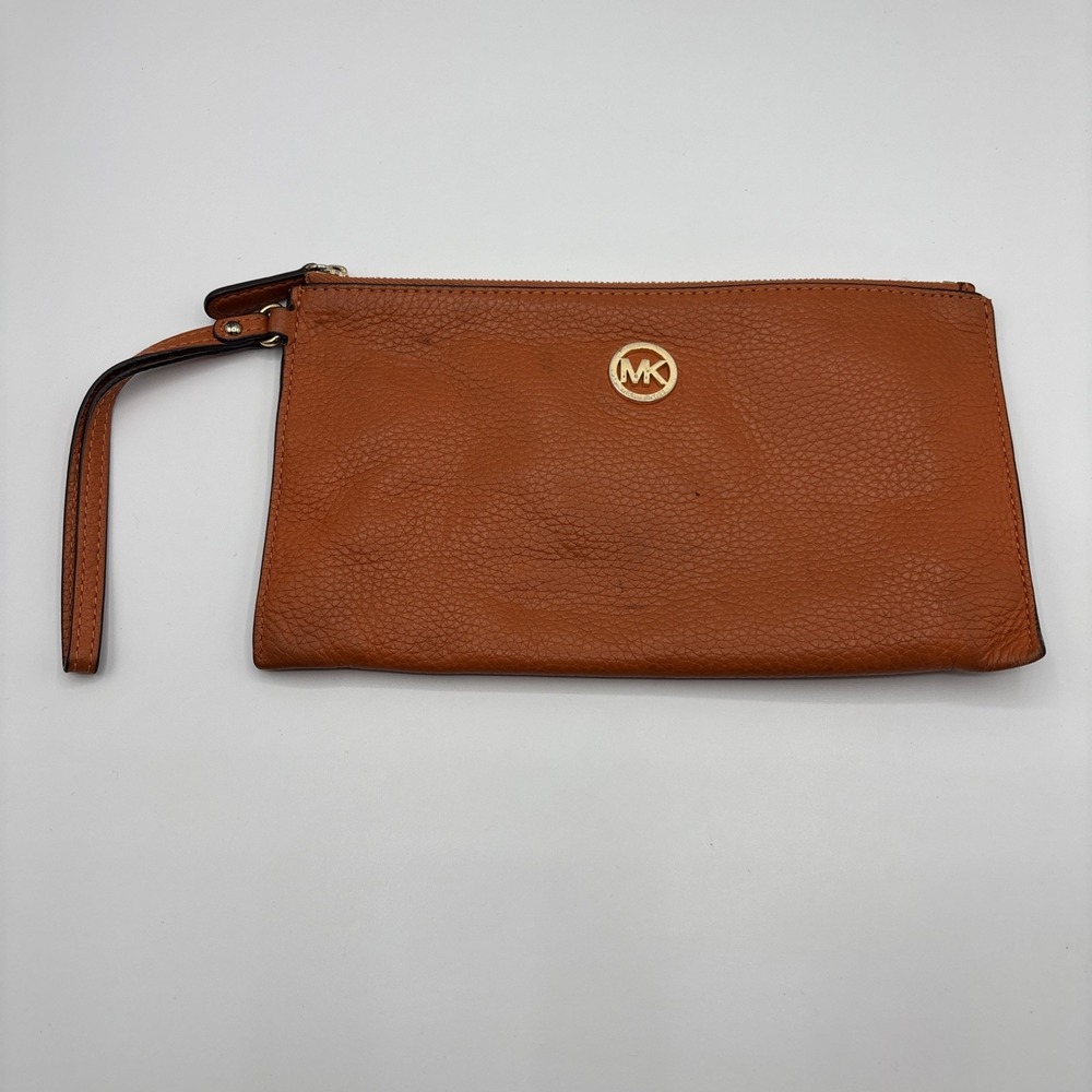 Michael Kors Orange Pebbled Leather Wristlet Clutch Gold MK Logo